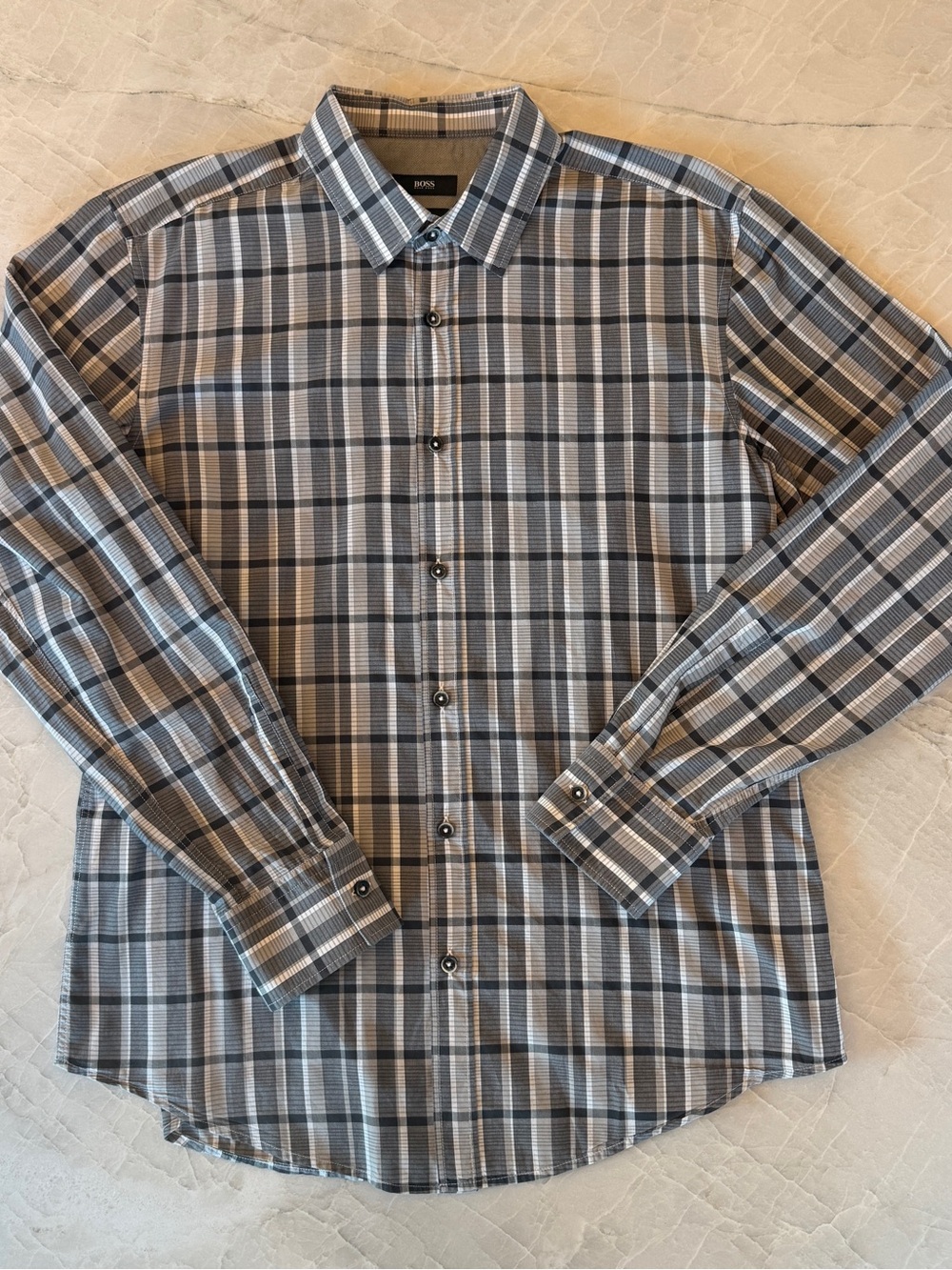 Boss Men's Black and Gray Plaid Dress Shirt